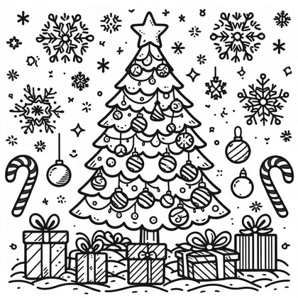 Coloriage d'un sapin à boules rayées, avec flocons, cannes à sucre, boules suspendues et cadeaux emballés au pied