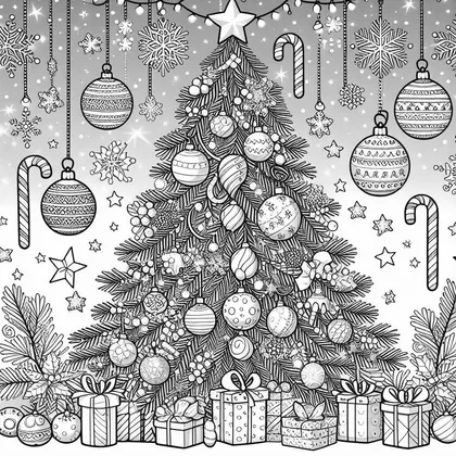 Dessin à colorier : sapin chargé de boules et de branches, cannes à sucre suspendues, cadeaux en bas, ciel grisé