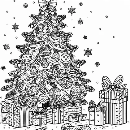 Coloriage d'un grand sapin chargé de boules, de guirlandes et de branches, entouré de nombreux paquets cadeaux