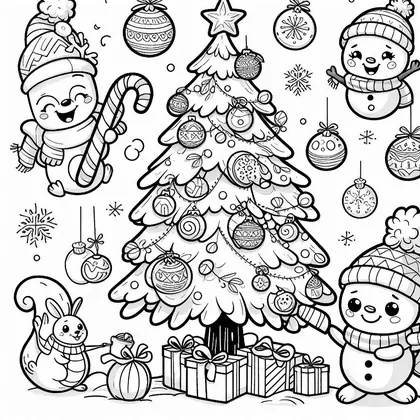 Planche à colorier avec un sapin décoré, trois bonshommes de neige en bonnet, un écureuil à écharpe et des cadeaux