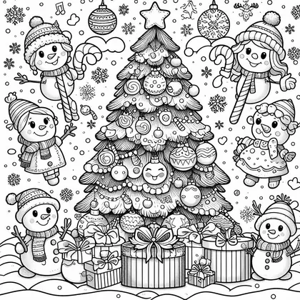 Coloriage : un sapin décoré entouré de six bonshommes de neige en bonnets et écharpes, de cannes à sucre et de cadeaux