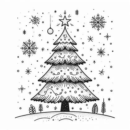 Dessin à colorier : un sapin enneigé à étoile sur une colline, avec une boule suspendue, des flocons et des plantes