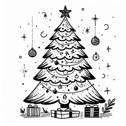 Coloriage : un grand sapin aux étages festonnés, avec des boules suspendues, trois cadeaux, une branche et des étoiles
