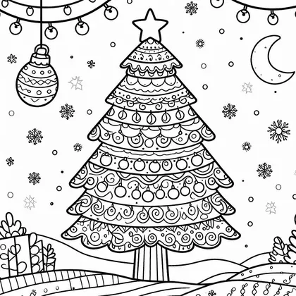 Coloriage d'un grand sapin en étages à volutes et boules, avec une boule suspendue, une lune, des flocons et des cadeaux