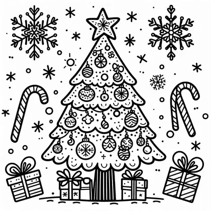 Dessin à colorier : sapin à étoile et boules à motifs, deux cannes à sucre, des flocons et trois cadeaux au pied de l'arbre