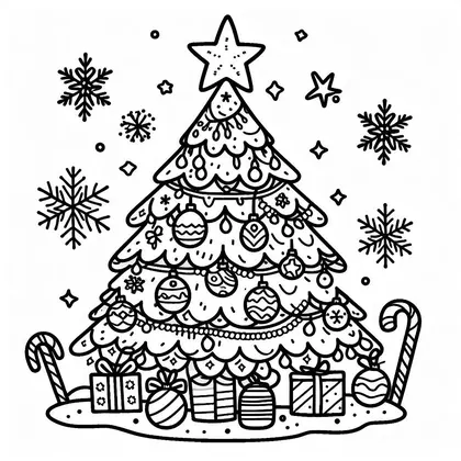 Coloriage : un sapin à étoile, guirlandes et boules, posé sur la neige avec des cadeaux, deux cannes à sucre et des flocons