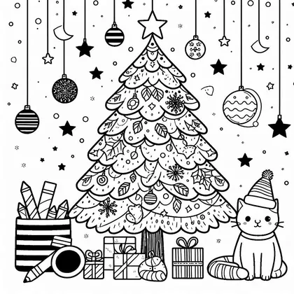 Planche à colorier avec un sapin à feuilles et flocons, un chat en bonnet de fête, un pot de crayons et des cadeaux