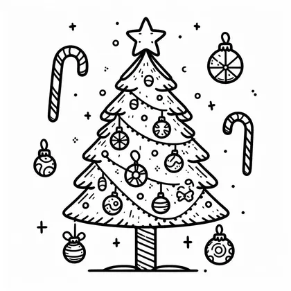 Coloriage d'un sapin guirlandé au tronc rayé, avec deux cannes à sucre, des boules suspendues ou posées et quelques étoiles