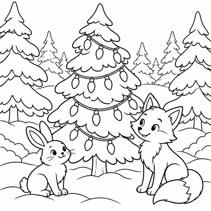 Coloriage d'un sapin à guirlandes lumineuses dans une forêt enneigée, avec un lapin assis et un renard
