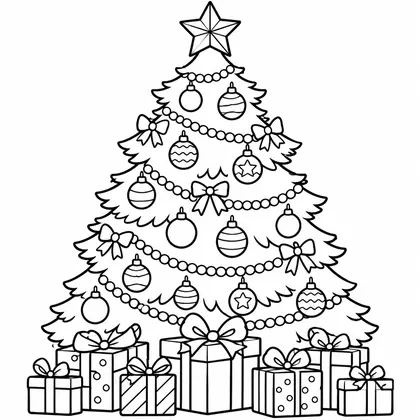 Coloriage d'un grand sapin à guirlandes de perles, boules, nœuds et étoile, avec des cadeaux emballés au pied
