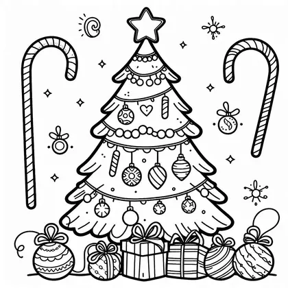 Coloriage d'un sapin à guirlandes de perles encadré de deux grandes cannes à sucre, avec des boules et des cadeaux au pied