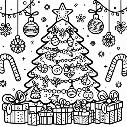 Coloriage d'un sapin à guirlandes de perles et petits ornements, deux cannes à sucre, boules suspendues et cadeaux