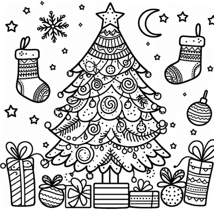 Coloriage : un sapin à motifs en volutes, deux chaussettes de Noël suspendues, une boule, une lune et des cadeaux au pied