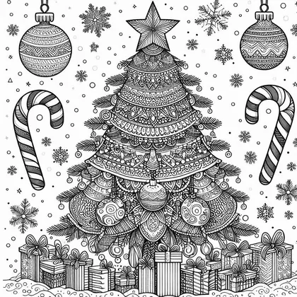 Dessin à colorier : sapin très orné de motifs fins, deux grosses boules, deux cannes à sucre et des cadeaux au pied