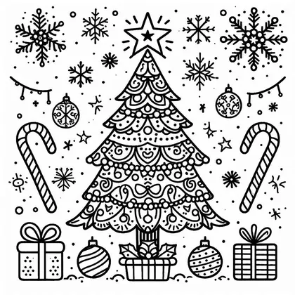 Planche à colorier avec un sapin à perles et volutes, des cannes à sucre, des boules, des flocons et des cadeaux