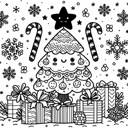 Coloriage d'un petit sapin au visage souriant, une étoile à yeux fermés en cime, entre cannes à sucre et cadeaux
