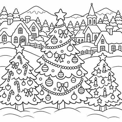 Coloriage : trois sapins décorés de boules, de cannes à sucre, de cœurs et de bougies devant un village enneigé