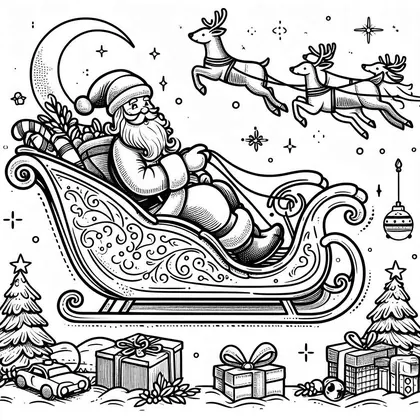 Planche à colorier avec le Père Noël allongé dans un traîneau à volutes, trois rennes volants, une lune et des cadeaux