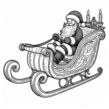 Dessin à colorier : le Père Noël assis de profil dans un traîneau à volutes, avec deux bougies et une lanterne