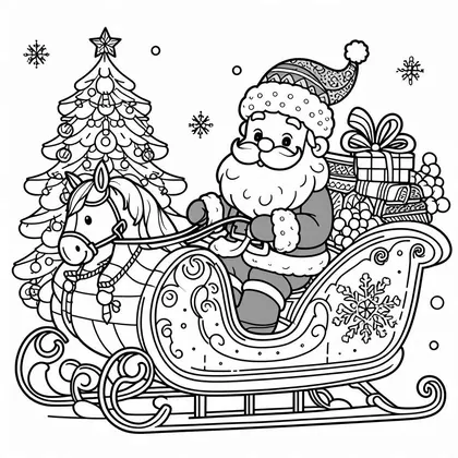 Coloriage du Père Noël assis dans un grand traîneau tiré par un poney, avec un sapin décoré, un cadeau et une pile de paquets