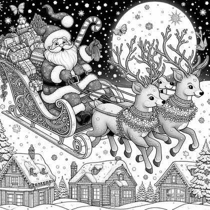 Dessin à colorier : le Père Noël survole des maisons enneigées dans un traîneau chargé de cadeaux tiré par des rennes