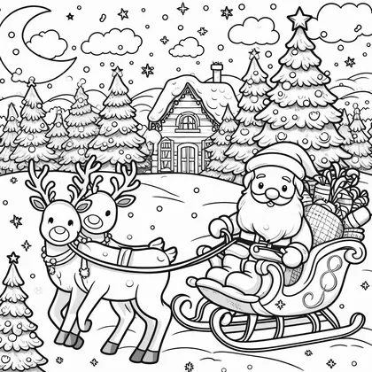 Planche à colorier avec le Père Noël en traîneau, deux rennes attelés, des sapins décorés, une cabane enneigée et la lune