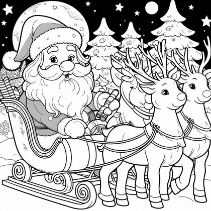 Coloriage : le Père Noël en traîneau avec deux rennes, devant des sapins enneigés, sous une grande lune et un ciel étoilé