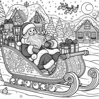 Planche à colorier avec le Père Noël dans un traîneau sculpté, des cadeaux empilés, des maisons enneigées et des rennes