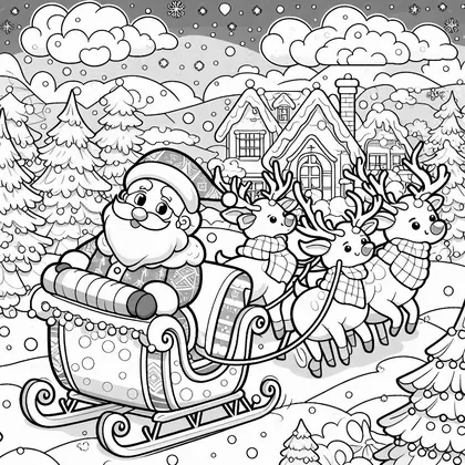Coloriage du Père Noël en traîneau tiré par trois rennes à écharpes, dans un village enneigé avec maisons, sapins et nuages