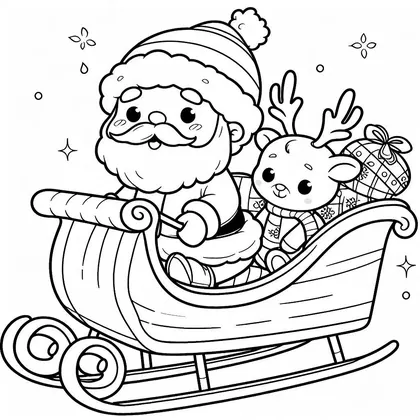 Coloriage : un Père Noël au visage rond assis dans un traîneau avec un petit renne et un paquet cadeau, sans décor de fond