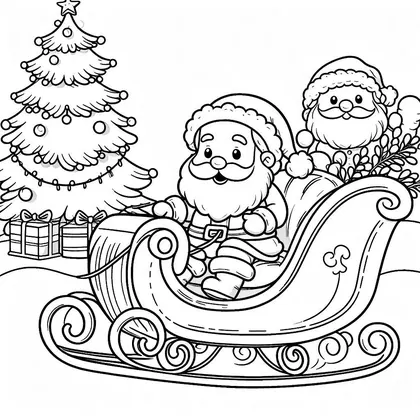 Dessin à colorier : deux Pères Noël dans un traîneau à gros patins enroulés, devant un sapin décoré et deux cadeaux