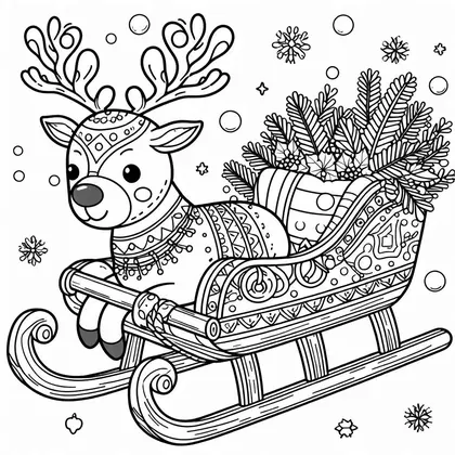 Coloriage : un renne aux bois enroulés couché dans un traîneau à motifs, parmi des branches de sapin et de houx